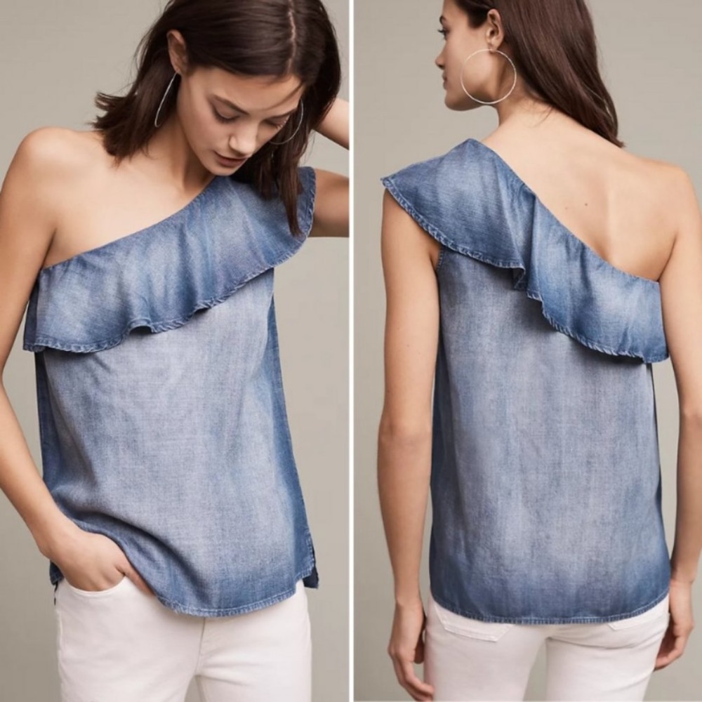 Anthro Cloth & Stone One Shoulder Chambray Ruffle Tank